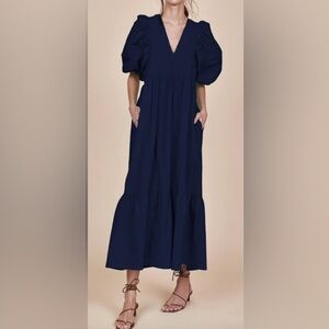 HUNTER BELL Navy Blue Puff Sleeve Maxi Dress